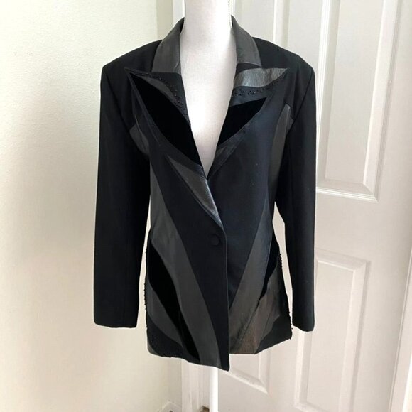 Vintage Joseph Ho Wool Blazer Leather Embellishments Beading Sz 8 - Picture 2 of 8